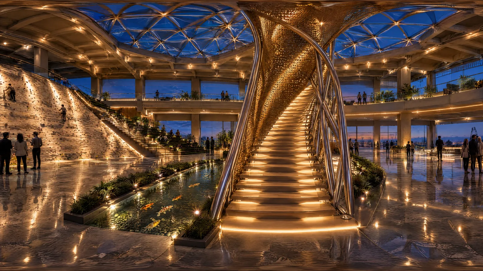 Generated evening interior study with a luminous vortex staircase, koi basin, planted edges and people gathering