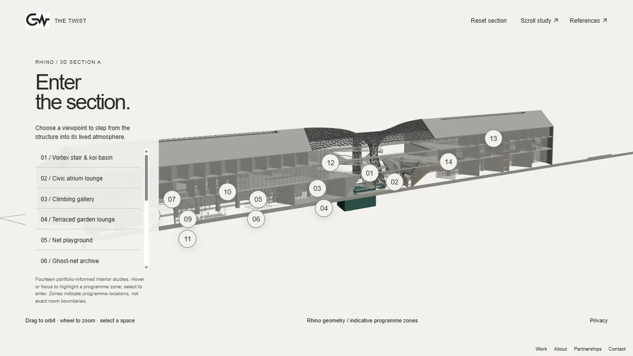 The Twist browser section viewer displaying exported Rhino geometry and selectable programme viewpoints